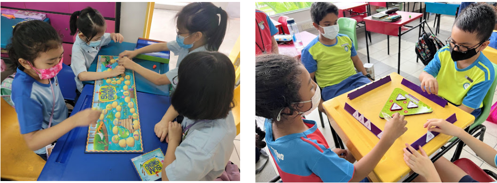 Children wearing masks play board games at colorful classroom tables in two side-by-side photos.